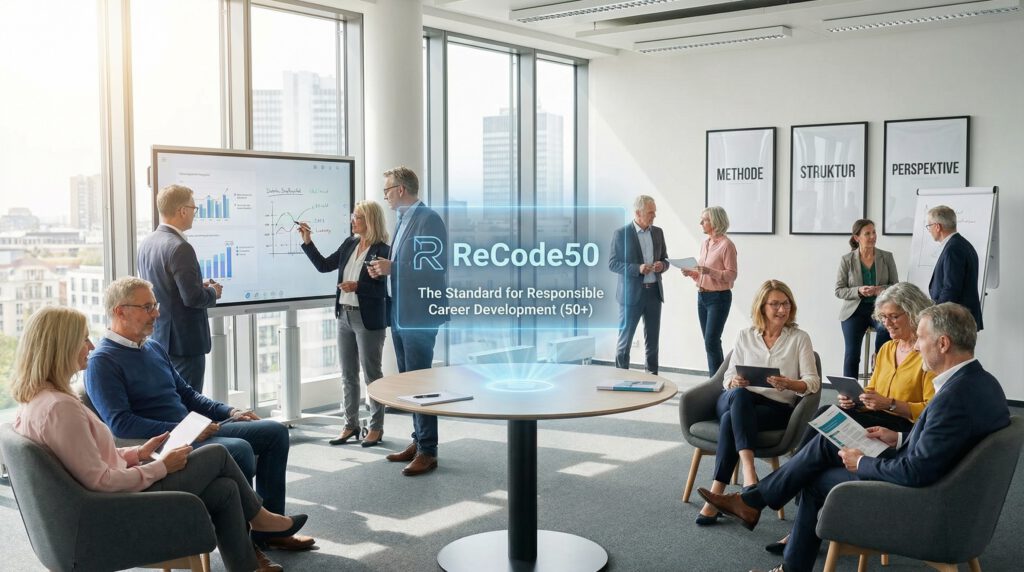 "Mehrere berufserfahrene Fach- und Führungskräfte arbeiten in einem modernen, lichtdurchfluteten Meetingraum gemeinsam an Präsentationen, Diagrammen und Strategien. Einige stehen an einem digitalen Whiteboard, andere diskutieren in kleinen Gruppen oder arbeiten mit Tablets. Im Vordergrund erscheint ein holografisches ReCode50-Logo mit dem Claim ‚The Standard for Responsible Career Development (50+)‘. An der Wand hängen die Begriffe Methode, Struktur und Perspektive."