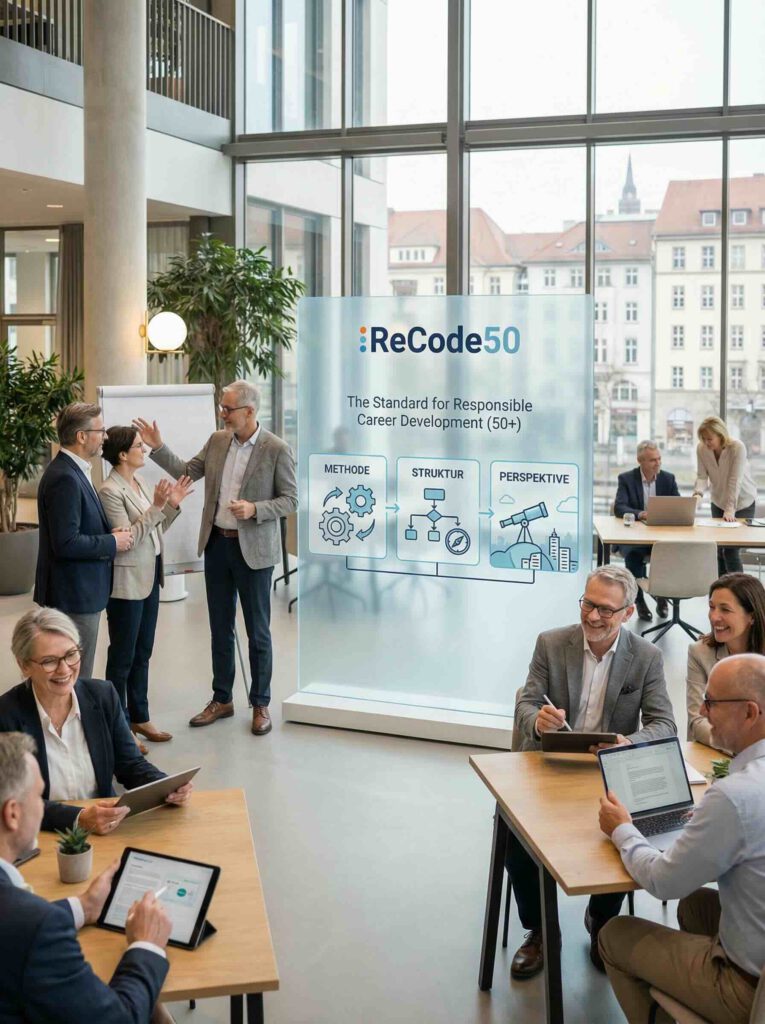 "Mehrere berufserfahrene Fach- und Führungskräfte arbeiten und diskutieren in einem hellen, modernen Atrium. Im Zentrum steht ein großes ReCode50-Display mit dem Claim ‚The Standard for Responsible Career Development (50+)‘ sowie den Icons für Methode, Struktur und Perspektive. Einige Personen sitzen an Tischen mit Laptops und Tablets, andere stehen und sprechen miteinander. Die Atmosphäre wirkt professionell, konstruktiv und strukturiert."